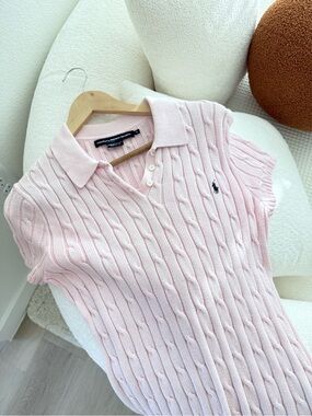 Ralph Lauren Sport Pink Cable Knit Collared Polo Sweater 100% Cotton Size L Rare